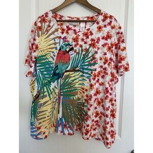 Alfred Dunner Womens Shirt Size 3x Plus Parrot Bird Tropical Leaves Embellished